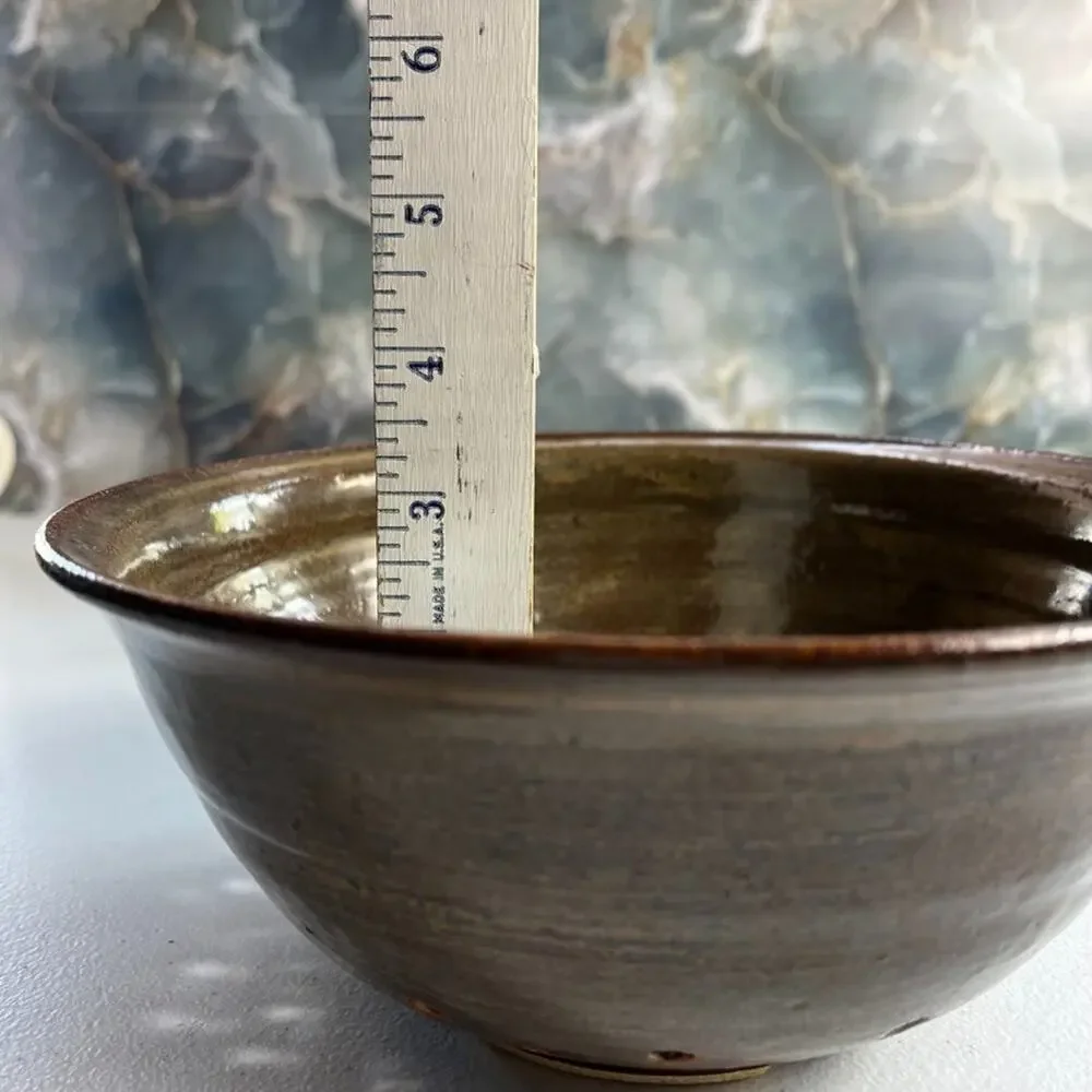 Studio Art Colander 8.5 in Stoneware Green Brown Rim Swirl Glazed Earth Toned